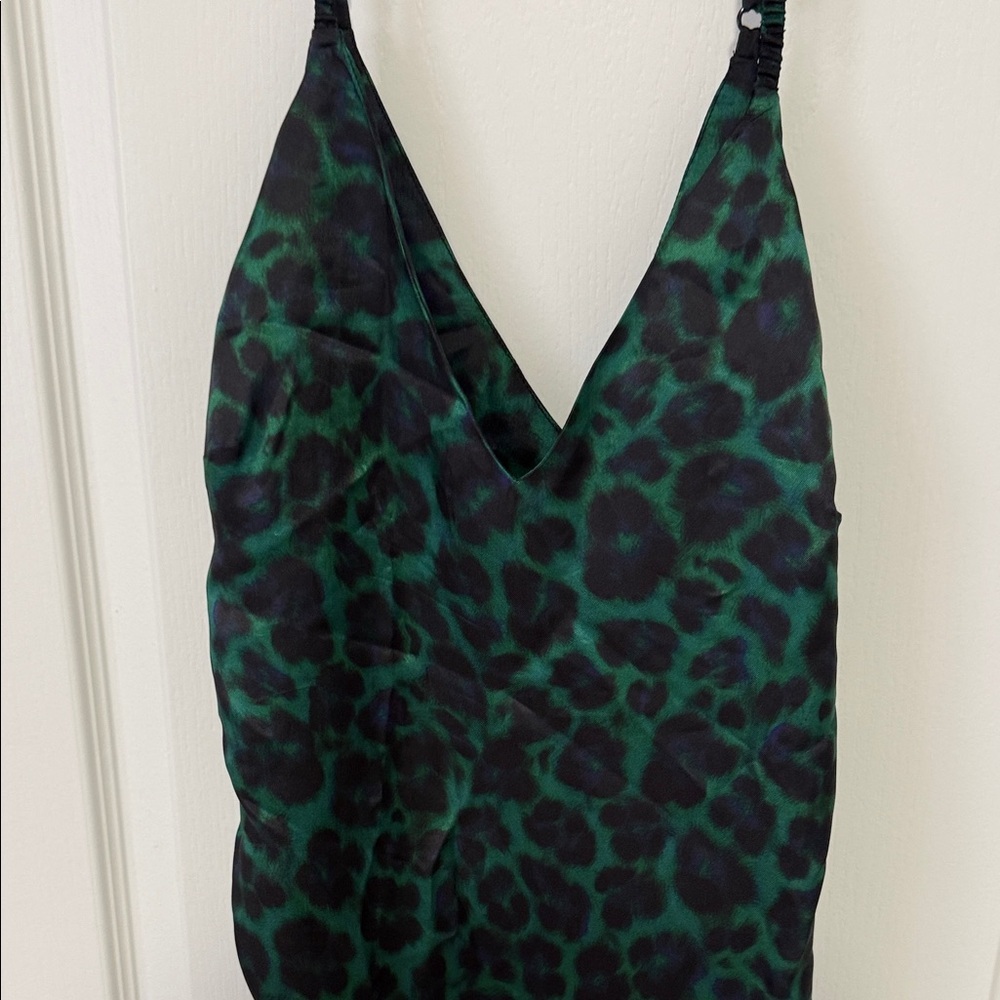 Sandro Women's Green Ruched Leopard-print Satin-twill Midi Slip Dress size 40 - Picture 5 of 8